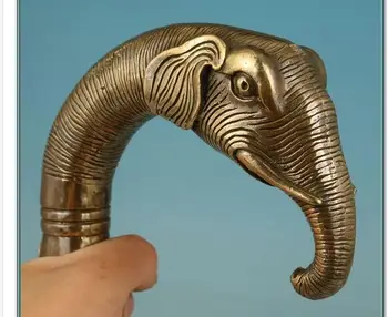 100% LATÃO Cobre Puro Bronze Vovô Boa Sorte Chineses Antigos LATÃO feito a mão Esculpida Elefante Estátua de Cana-de-bengala da Cabeça