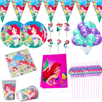 105Pcs A Pequena Sereia Ariel Princesa Talheres Descartáveis de Papel Definido Placas de Canudos Meninas de Aniversário, Decorações de chá de Bebê