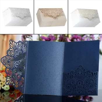 10Pcs Branco, Champanhe, Azul Laser Cut Nobre Flora Convites de Casamento com Cartão de Rendas Elegante Favor Envelopes Festa de Casamento Decoração