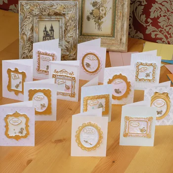 4pcs vintage quadro de cartões de papel, moldura de ouro mini cartões 3d artesanal de aniversário de casamento mensagem de cartões