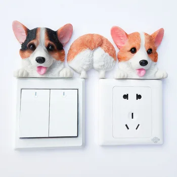 Corgi Bunda Cão Resina Mudar 3D Adesivo de Parede Acessórios Soquete Decoração de Quarto de Criança Poster de On-off Cozinha Decalque Plug Ornamento