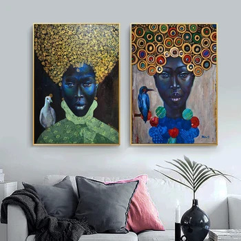 Círculo dourado, Cabelo Preto de África Mulher Pinturas em Tela, Pássaro no Ombro de Parede Imagens de Arte e Impressão de Pôster para Decoração de Sala de estar