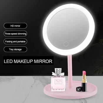 Dobramento de Ampliação espelho de Maquilhagem Rosto Espelho Led Vaidade Toque Dimmer LED USB Cosméticos Vaidade Candeeiro de Mesa em Espelho Bateria de 2600mAH