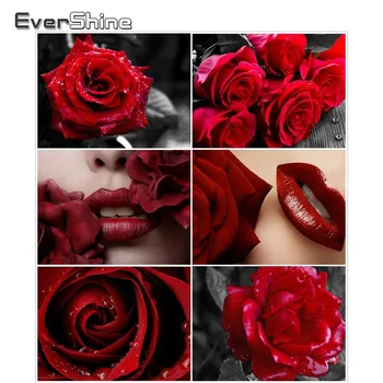EverShine Diamante De Pintura De Rosa Vermelha E Lábio Vermelho Bordado De Diamante Flores Fotografia De Strass Artesanal Arte Do Mosaico De Parede Decoração
