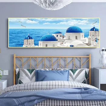 Grécia Santorini Vistas para o Mar Egeu & Barco no Mar Azul Moderna Tela de Pintura de Cartazes de Impressão Arte de Parede Fotos de Decoração de Casa de Cuadros