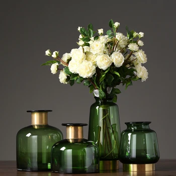 Moderno e Simples, Verde-Escuro Vaso de Vidro, Folha de Ouro de Arte, Vasos de flores Secas hidropônico recipiente de Decoração para Casa Acessórios