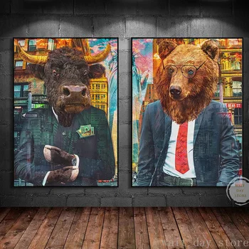 Moderno Urso & Bull Cartaz Impressão De Lona De Mercado Em Bolsa De Arte De Parede Do Poster De Parede Comerciantes De Rua Hd Modular Imagens Escritório De Decoração De Casa
