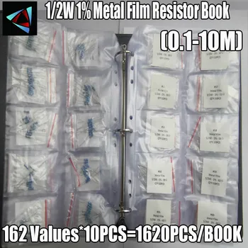 1/2W 1% 162Values*10pcs=1620Pcs Kit 1R~10M Ohm resistores de Filme de Metal Livro