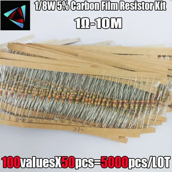 1/8W com 5% de 1R~1M 100Valuesx50Pcs=5000Pcs de 0,125 W Resistor de Filme de Carbono Kit Sortido