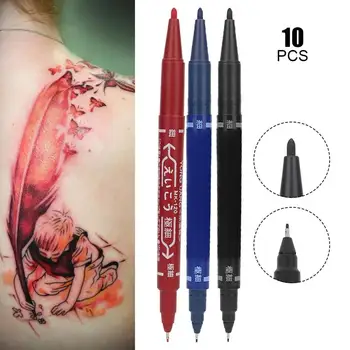 10Pcs de duas cabeças de Tatuagem de Caneta de tinta Permanente Maquiagem Sobrancelha Microblading Tatuagem Piercing Posicionamento Pele Caneta de Marcador Tatuagens