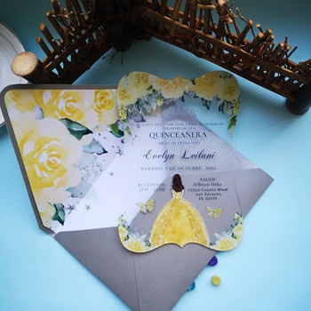 10PCS Prata Envelope Convite de Casamento o Cartão de Impressão UV Laranja Amarelo Acrílico Casamento, Cartões de Convite Personalizado