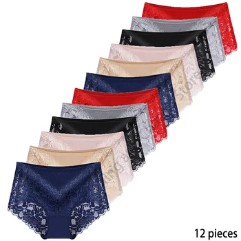 12 peças de calcinha transparente, laço de mulheres de roupa interior, cuecas sexy, confortável, respirável, elástico, Lingerie, soft plus size