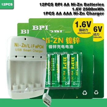 12pcs BPI 1,5 V 1.6 v aa 2500mWh bateria recarregável+1pcs aa/aaa LiPO4 de Ni-Zn carregador USB