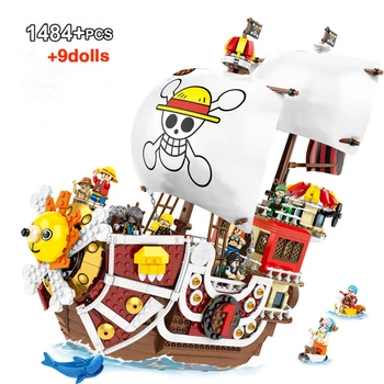 1484Pcs+9Dolls Thousand Sunny Barco Blocos de Construção de desenhos animados Navio Pirata Tijolos Conjunto de Brinquedos Para Crianças, Aniversários, Presentes de Natal