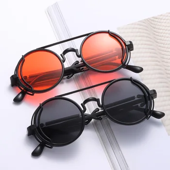 1Pc Moda Moda Punk Steampunk Óculos de sol Mola Dupla de Óculos de Sol Estilo Gótico Óculos Redondos a Proteção UV400 Óculos
