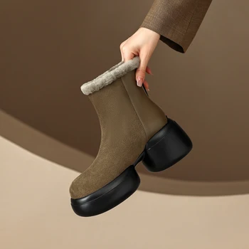2022 nova Rússia Europeia de inverno tornozelo botas de couro natural e quente botas de neve 22-24.5 cm de couro+de camurça+lã de volta zip botas de lã