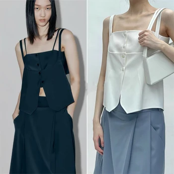 2022 verão novo nicho de moda fake dois pedaço de suspender colete simples viajante mistura de lã dupla camada camisole mulheres vest topo