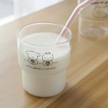 2Pcs coreano Animais dos desenhos animados de Vidro Caneca de Café de Vidro Transparente Copa Home Leite Suco de Copa do Office Café Copos de Bebida Vidro 400ml