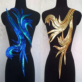 2Pcs/Set Ouro Azul Guarnição Bordados Apliques de Lantejoulas Fios Guarnição Costurar Sobre os Acessórios Para o Vestuário, Vestido de Patch Colagem HB130