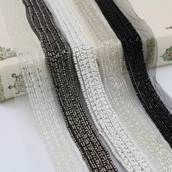 2Yards Preto Pérola Branca de Malha de Tecido de Renda 25mm Frisado Fitas Guarnição do Laço de Fita DIY de Costura de Roupas de Casamento Vestido de Materiais