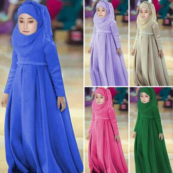 3 Peça Abaya Hijab As Meninas De Vestido Véu Islâmico Arco Mantos De Oração Conjuntos De Niqab Burca Crianças Sólidas Soltas Abayas De Vestuário Islâmico Do Ramadã