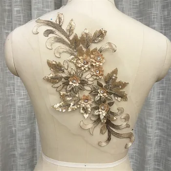 3D de Bordado de Flores Apliques de Lantejoulas Pano de Patches Costurado a Mão Patches Não Cola Costura Acessório DIY para o Vestido de Noiva 40*17CM
