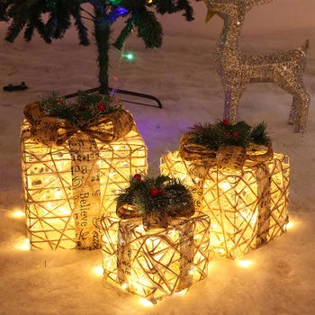 3Pcs Decoração de Natal Iluminada, Caixa de Presente de Ferro Forjado/Vime ao ar livre, piscina Interior da Árvore de Natal da Cena Layout