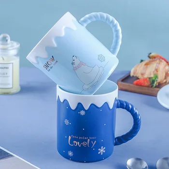 400ml Bonito dos desenhos animados Caneca de Café Urso Polar Animal Taça de Cerâmica com Tampa e Colher de Casa de Chá de Leite de Copo de Água Casal Presente de Natal
