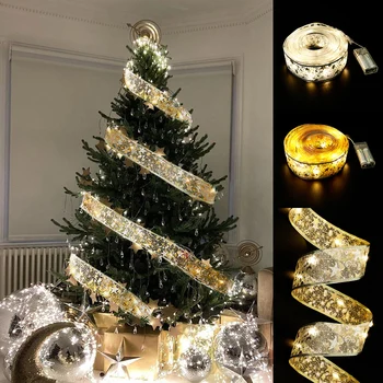 50 LED 5M Dupla Camada de Fadas Seqüências de Luzes de Natal, Laços de Fita de LED Com Enfeites de Árvore de Natal de Ano Novo, Natal Decoração da Casa