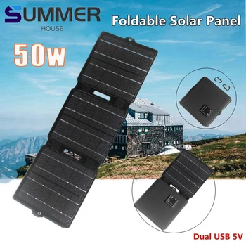 50W Dobrável, Painel Solar ETFE Dual USB 5V Impermeável de Energia Solar do Carregador do Telefone Móvel de Banco de Potência Exterior Acampamento, Caminhadas, Pesca