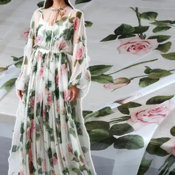 50X140CM Rosa de Seda Impressa de Chiffon Impresso Vestuário de Tecido Perspectiva Diy Vestido de Costura de Patchwork de Tecido