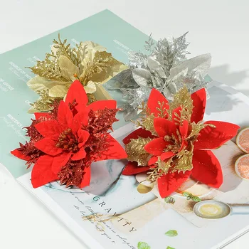 5pcs 14cm Grande de Ouro em Pó Rosa Flor Artificial Cabeça de Flanela Para Casa Decoração do Casamento de DIY Árvore de Natal Acessórios