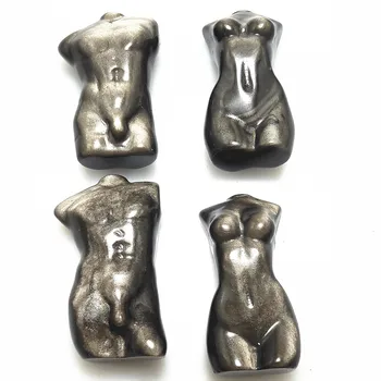 6cm Natural de Prata da Obsidiana Cristal Deusa do sexo Masculino Estátua de Quartzo Mulher Tronco de pedra preciosa Escultura de Corpo de Energia