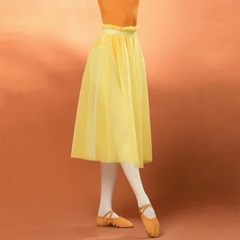 80CM Profissional de Adultos Bailarina de Ballet Tutus Amarelo Verde de Malha de Renda de Longo Tutu Plissado Cintura Elástica Mulheres de Tule Bola Saia