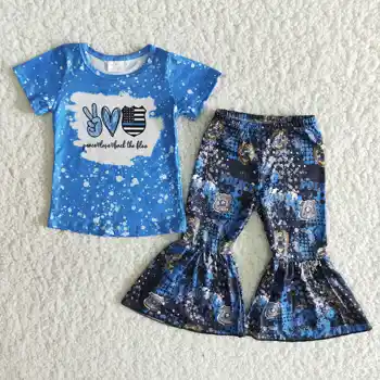 A paz o amor o azul T-shirt para crianças de bebê menina polícia sino inferior calças boutique de 4 de julho de roupas infantis atacado