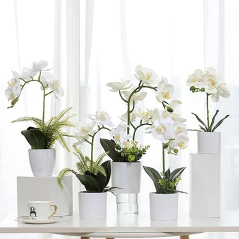 Alto Grau de Borboleta Orquídeas Arranjo de Flores de Látex Silicone Toque Real Folwers Bonsai OfficeTable Home Hotel com Decoração Vaso