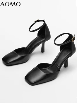 AOMO 2022 Mulheres Novas de Moda Couro Genuíno Vintage Simples de Sapatos de Salto Alto de Cabeça Quadrada de Sandálias Casual Feminino AZH59