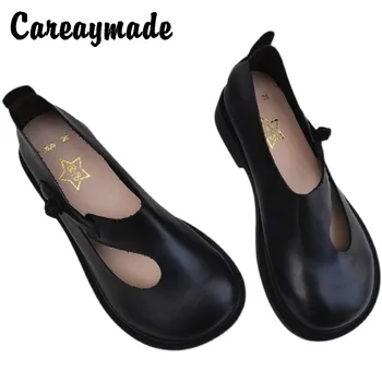 Careaymade-couro Genuíno sapatos grandes retro nacional ronda a cabeça das mulheres sapatos de couro original respirável artesanal único sapatos