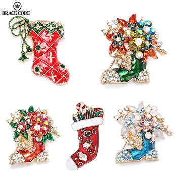 Colorido Natal Botas Broche com o Esmalte e a Gola do Vestido de Festa de Cristal Conjunto Decorativo Broche de Jóias