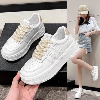 Couro de Espessura Inferior e Sapatos Brancos, Mulheres Sapatas Ocasionais de 2022 Outono Novos Sapatos femininos coreano Tendência Off White Shoes Zapatillas