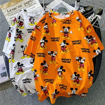 Disney Mickey Mouse Mickey manga curta de moda de t-shirt feminina ins maré dos desenhos animados de grande tamanho médio e longo roupa bonito topo