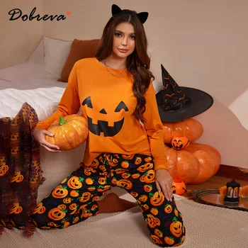 DOBREVA Mulheres Bonito Pijama Conjunto de Halloween Natal Salão Macio PJ Conjunto Manga Longa Loungewear 2 peças de roupa de dormir