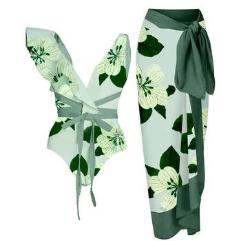 Elegante Verde Floral Imprimir V-Neck Biquíni de Uma Peça de Cintura Alta Slim Plissado Laço de Maiô e Cobrir-se Sexy, moda praia 2022