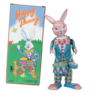 [Engraçado] coleção Clássica Retro Mecânica feliz coelho de Vento de Metal Pé de Lata tocar tambor coelho robô Mecânico de brinquedo