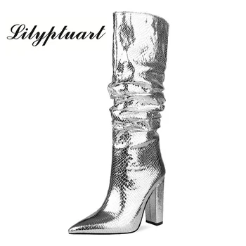 Europeus e Americanos estilo de espessura calcanhar dobra botas de cano alto zíper lateral mulheres botas de prata botas de grande tamanho de sapatos femininos inverno