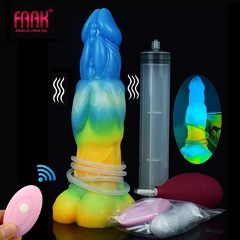 FAAK Vibrador de Controle Remoto Luminoso Nó Pênis Com ventosa de Silicone Ejaculação Vibrador Spray Líquido de Fantasia Brinquedos Sexuais