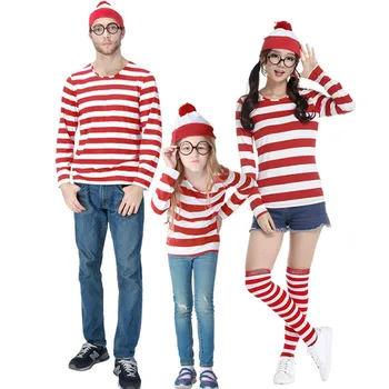 Família Pai-Filho, Onde está o Wally Traje Conjunto de Waldo Semana do Livro do Vestido de Fantasia Uniforme Camisa de Listra Chapéu Óculos de Natal Roupa