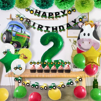 Fazenda de engenharia de veículo tema vaca animal de balão verde trator de engenharia de veículos para crianças, festa de aniversário, decoração de balão