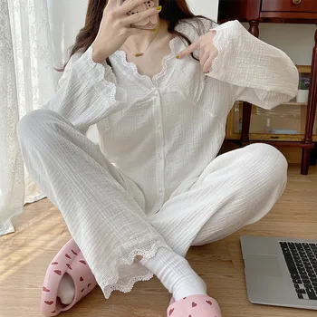 Fdfklak V-Neck White Lace Pijama Conjunto Para As Mulheres De Dormir Solta De Manga Longa, Calças De Outono Nova Duas Peças De Roupa De Dormir Terno