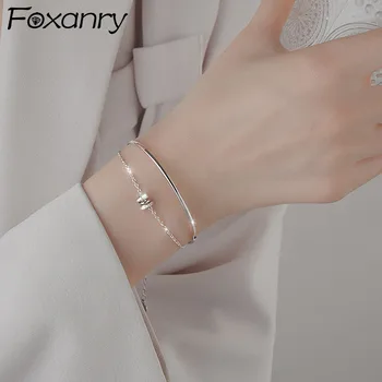 FOXANRY Cor de Prata Pulseiras para Mulheres Moda Elegante e Encantador Design Simples Espumante Zircão Geométricas Noiva Jóias